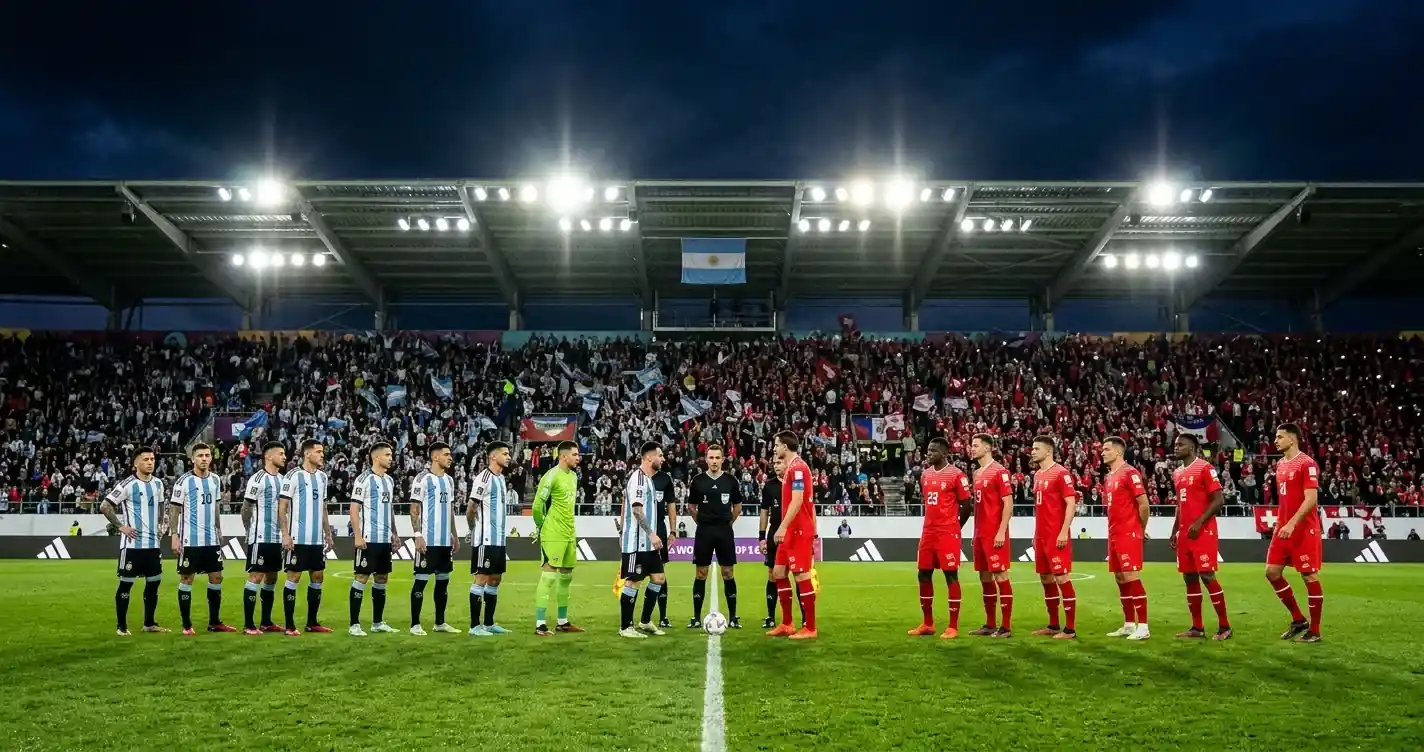 Two soccer teams facing off under bright stadium floodlights before a World Cup quarter-final at night, one side in Argentina's sky-blue-and-white stripes and the other in Switzerland's red kit, electric evening atmosphere