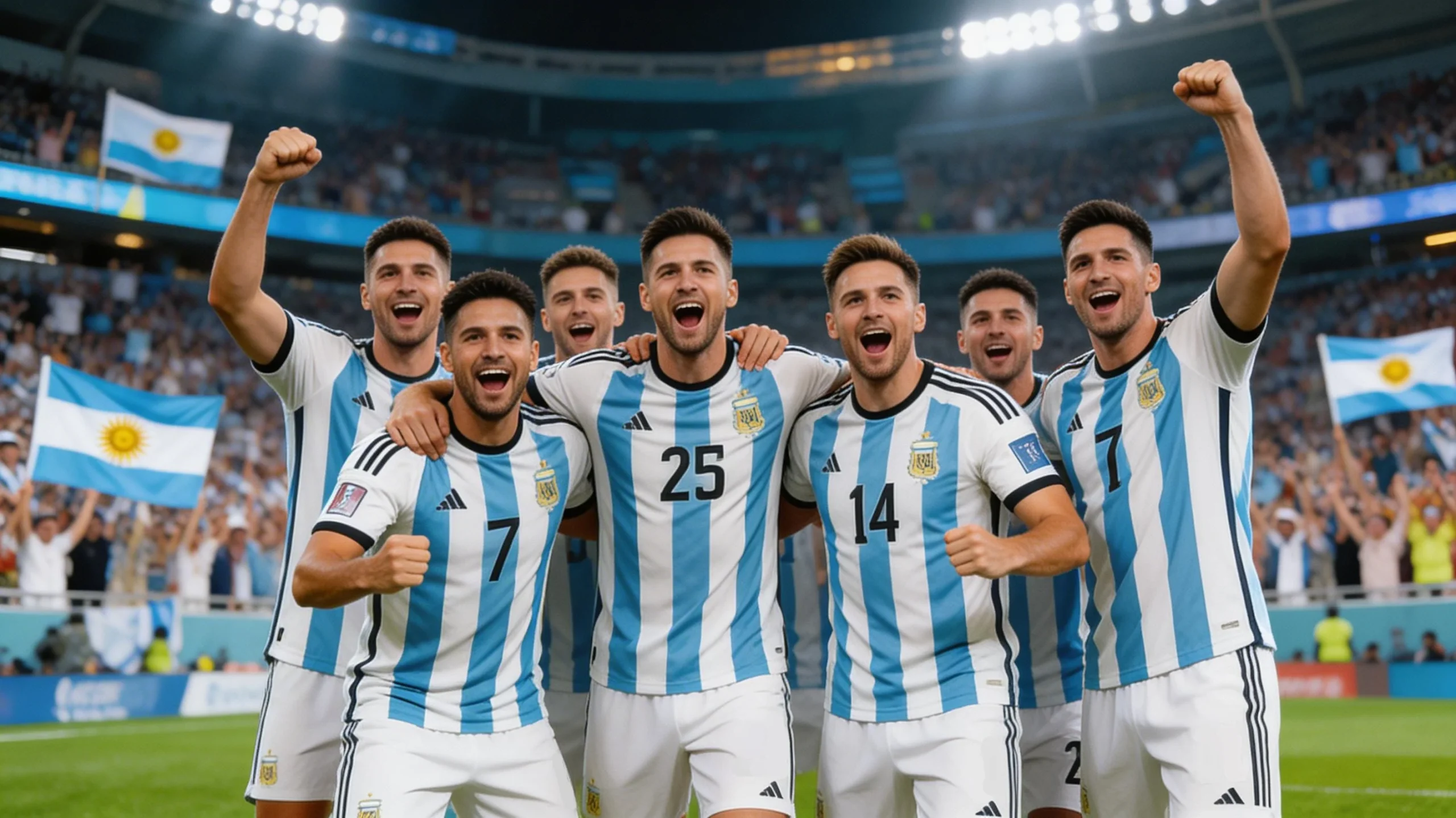 Argentina national team celebrating with World Cup trophy