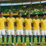 Brazilian national team in yellow jerseys during pre-match lineup