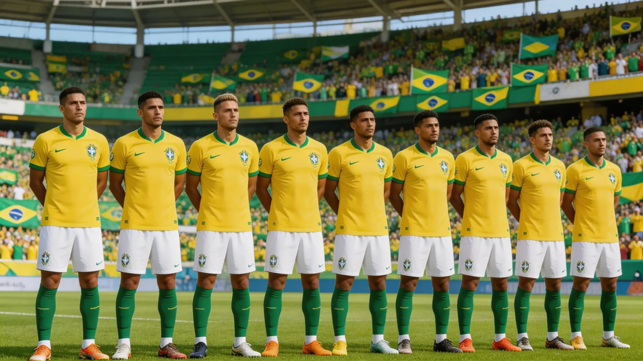 Brazilian national team in yellow jerseys during pre-match lineup