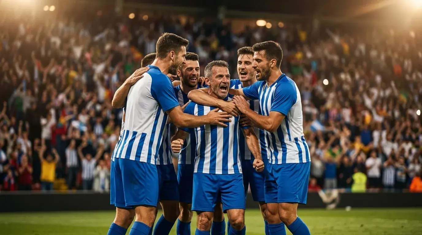 Argentina national soccer players in blue-and-white stripes celebrating together under stadium lights, star player at the centre