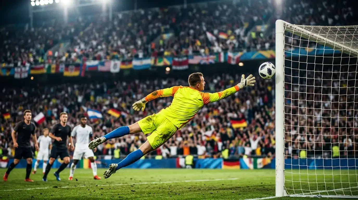 A debutant nation's soccer goalkeeper making a diving save, teammates in the background, packed World Cup stadium behind