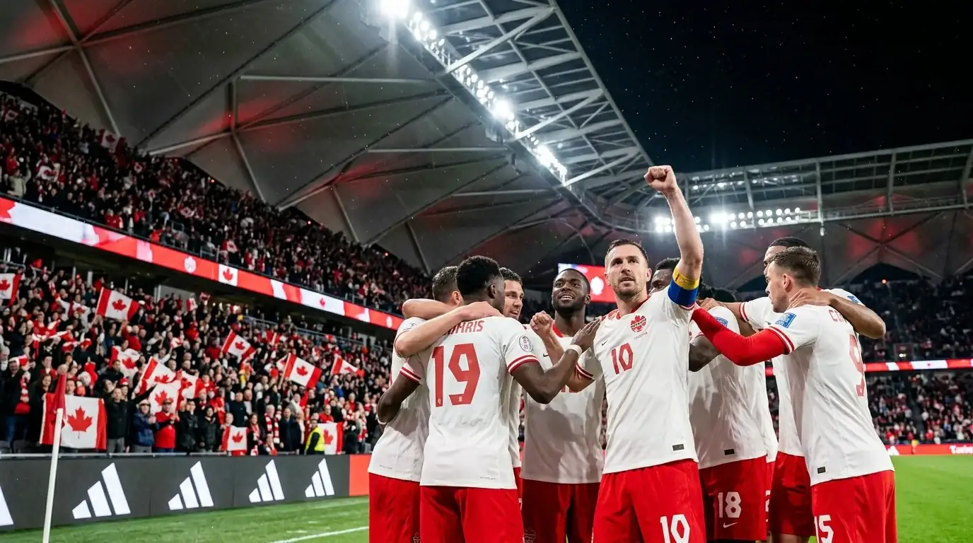 Canada national soccer team players in red home jerseys huddling on the pitch with the BC Place crowd behind them