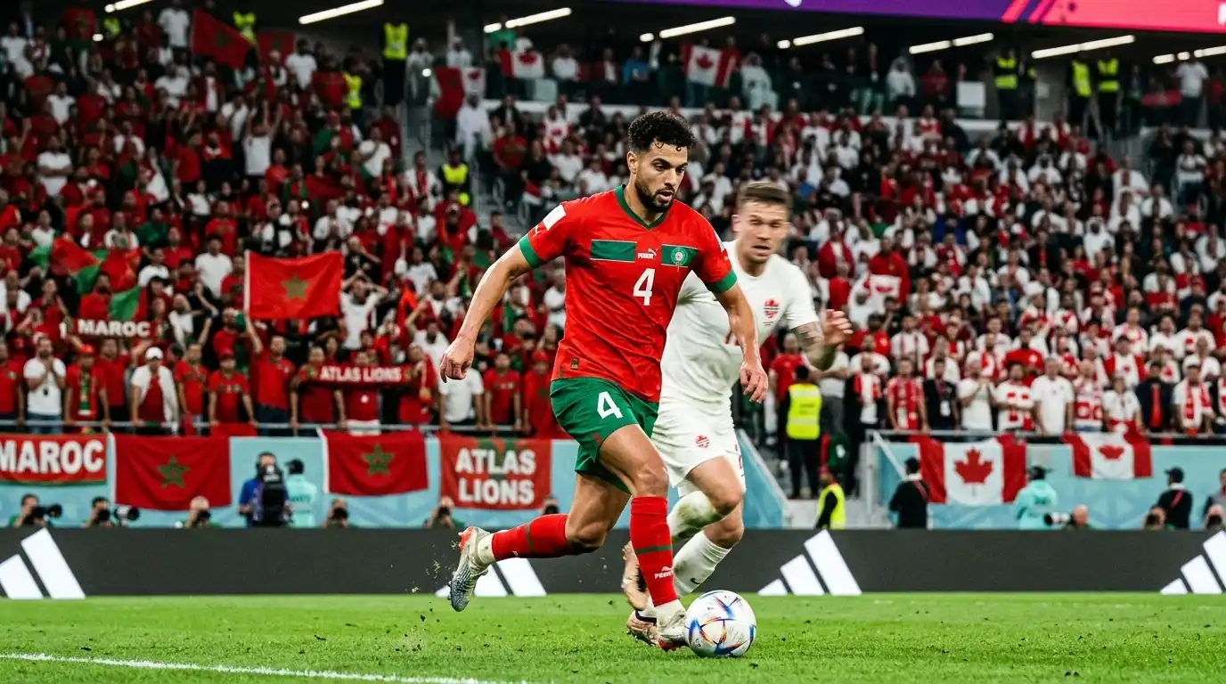 Hakim Ziyech of Morocco controlling the ball in a red and green Atlas Lions jersey during a packed knockout match