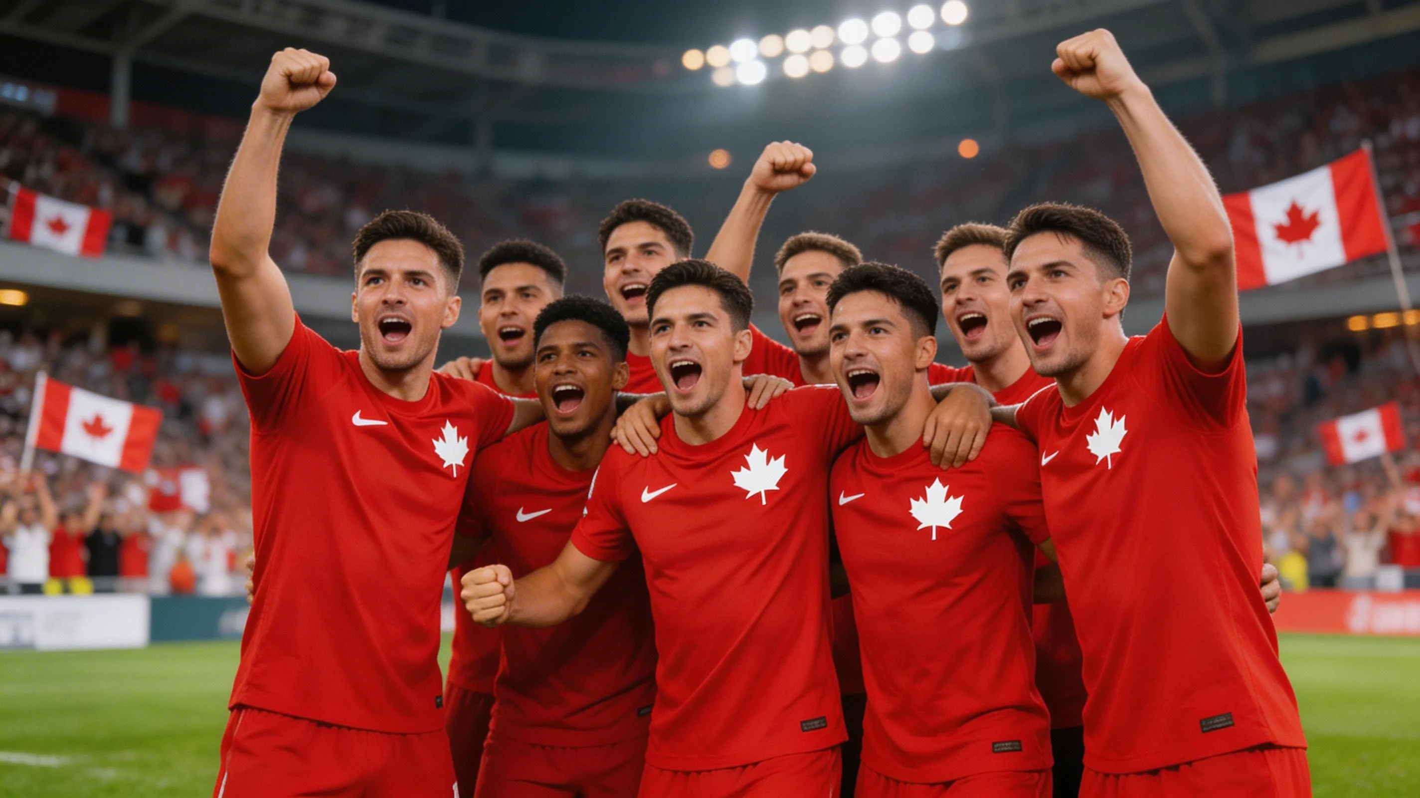 Canadian national football team players celebrating on the pitch wearing red jerseys