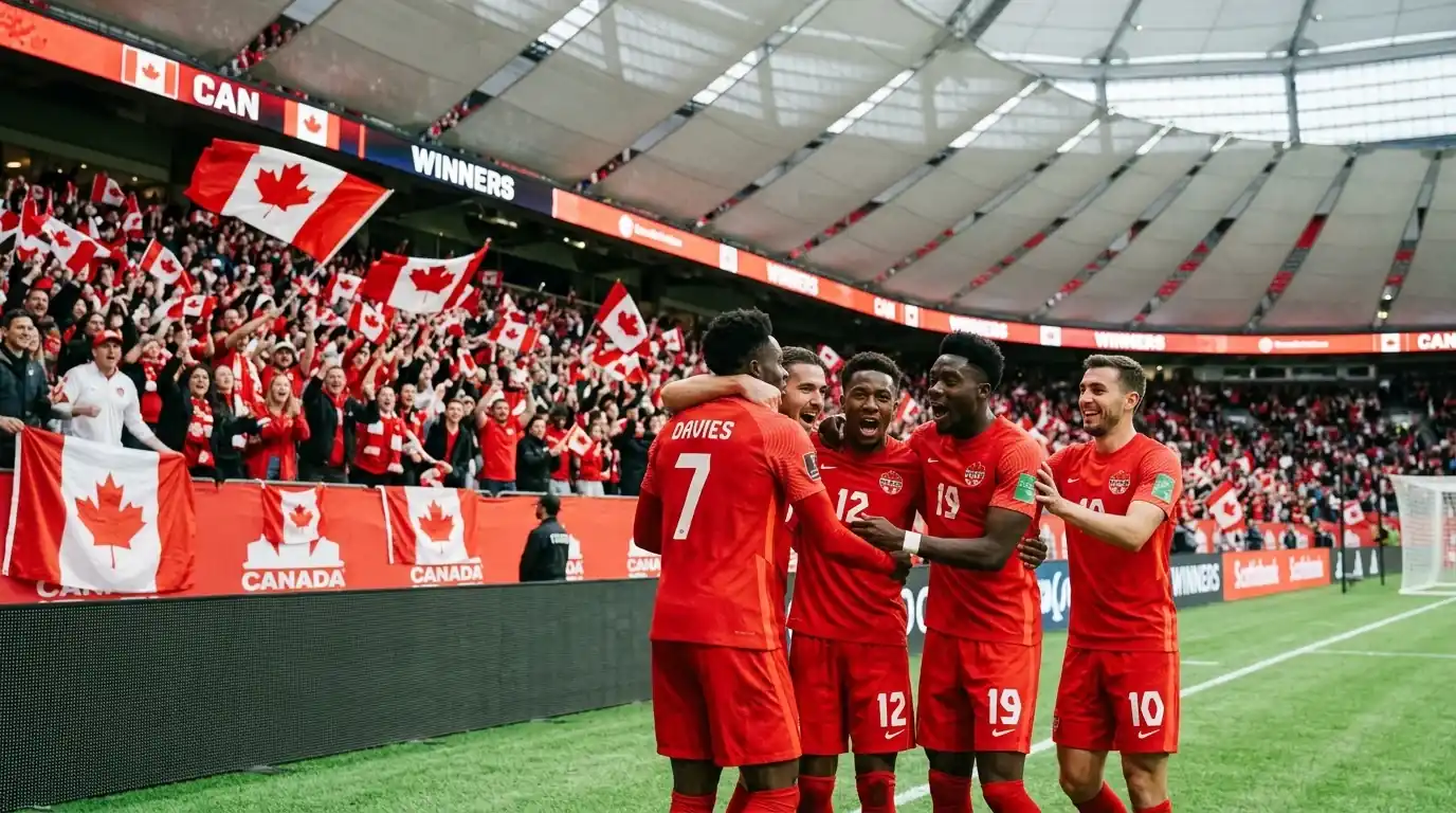 Canada national soccer team players celebrating at BC Place in Vancouver with a red-and-white home crowd