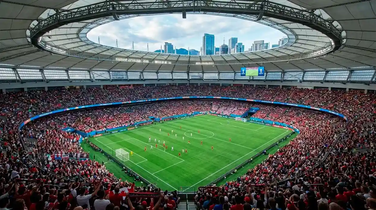Aerial view of BC Place stadium in Vancouver with the retractable roof and a packed crowd