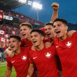 Canadian national soccer team players celebrating at BMO Field in Toronto with passionate home crowd