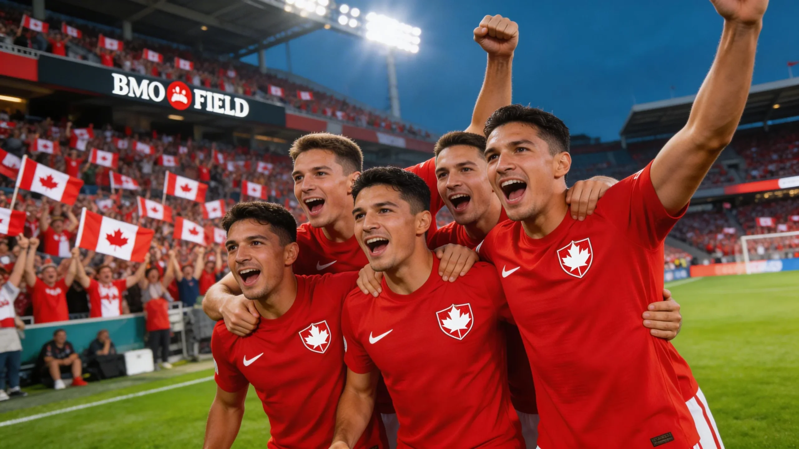 Canadian national soccer team players celebrating at BMO Field in Toronto with passionate home crowd