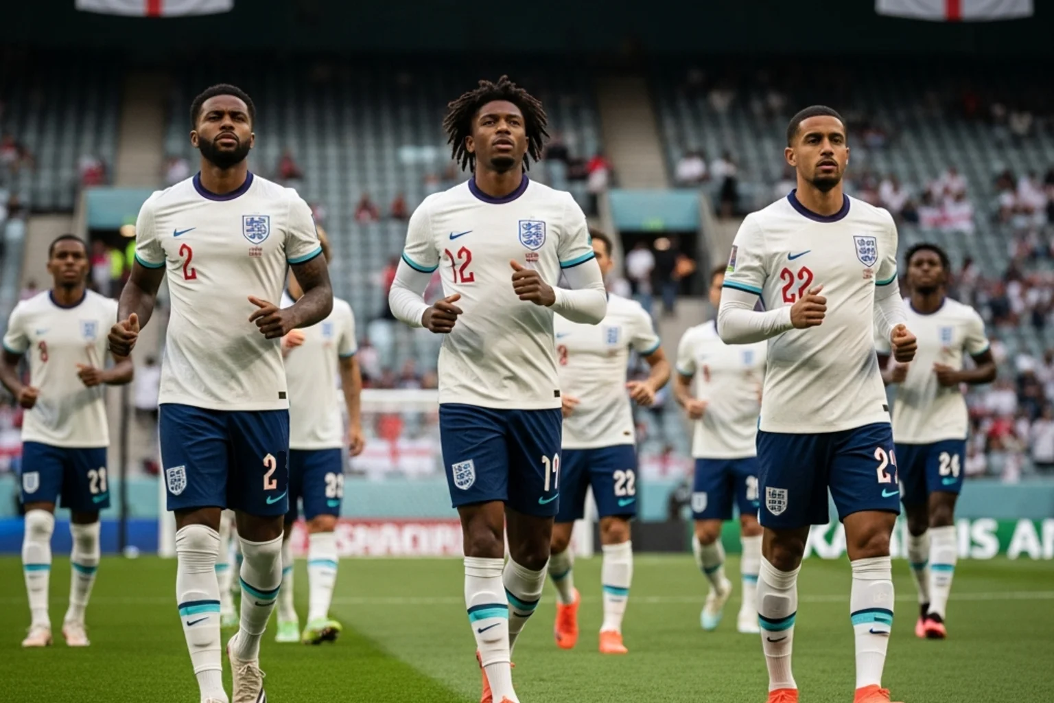England national team in white jerseys during pre-match warmup