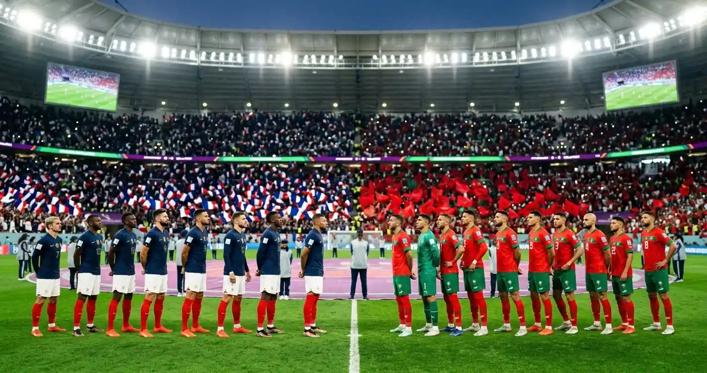 Two soccer teams in blue and red facing off under bright stadium floodlights before a World Cup quarter-final kick-off, one set of fans in French tricolour and the other waving green-and-red Moroccan flags