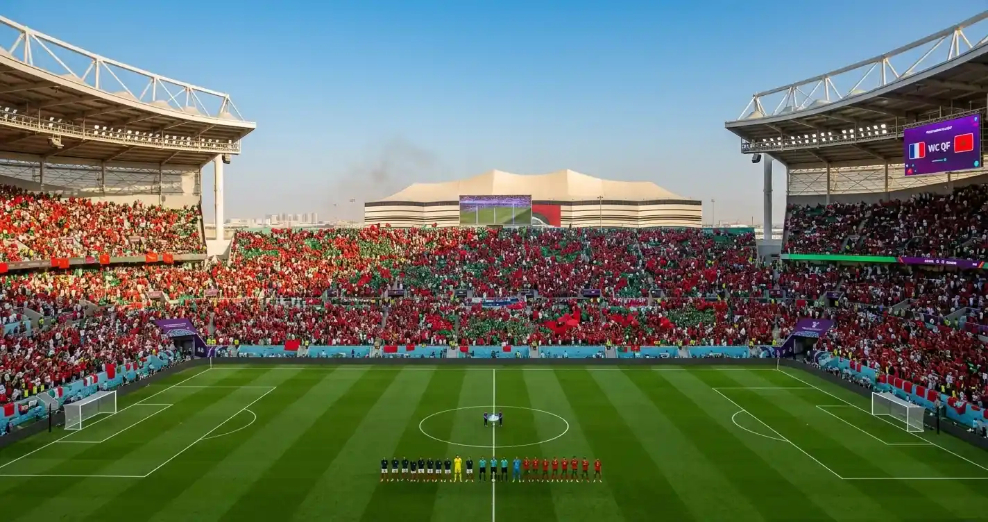 A packed open-air stadium at afternoon kickoff under a hot clear sky, green pitch and a sea of red-and-green fans, wide broadcast view of a World Cup quarter-final atmosphere
