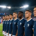 French national team in blue jerseys lined up before kickoff