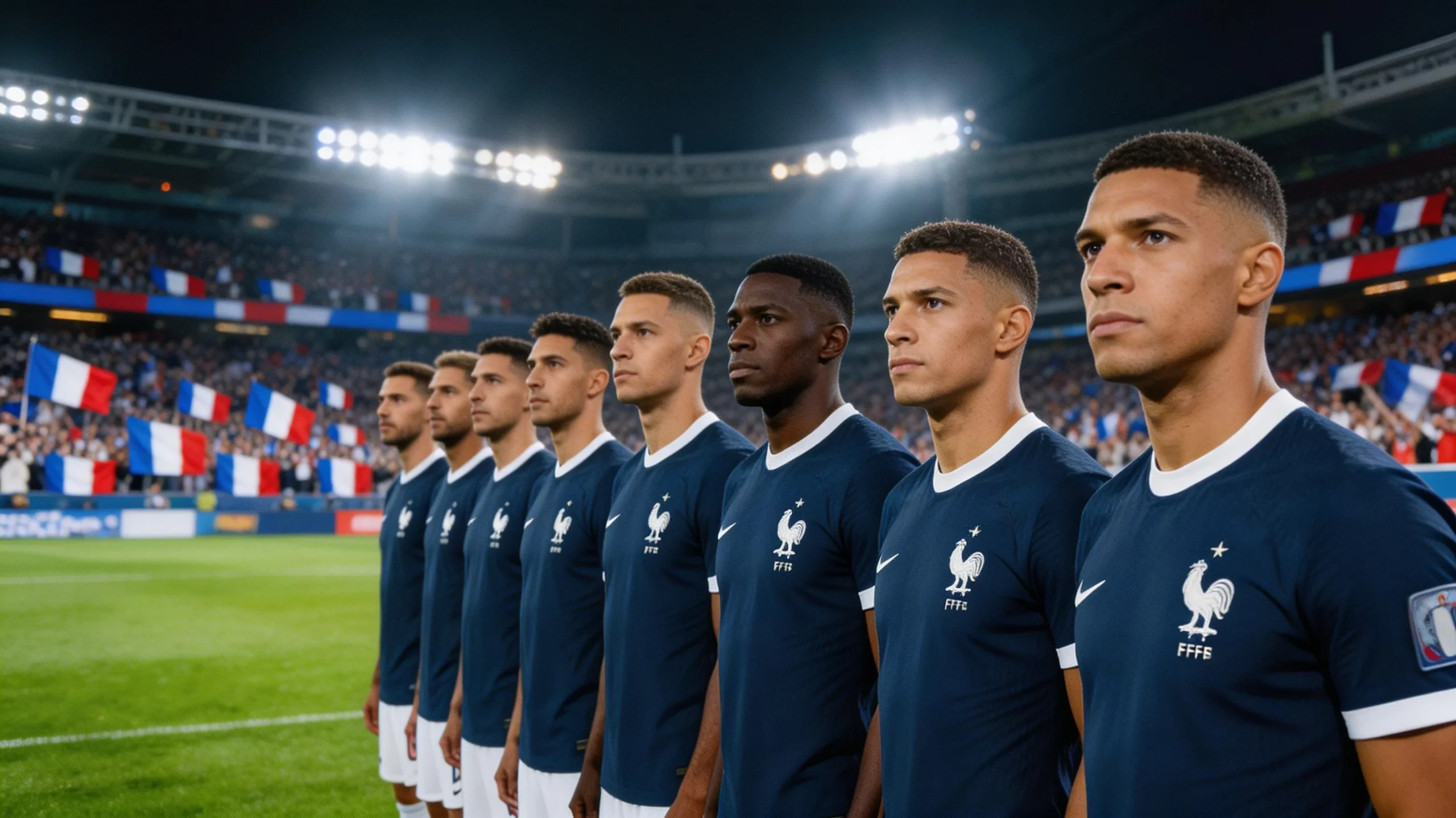 French national team in blue jerseys lined up before kickoff