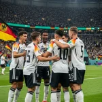 German national team players in white jerseys celebrating a goal
