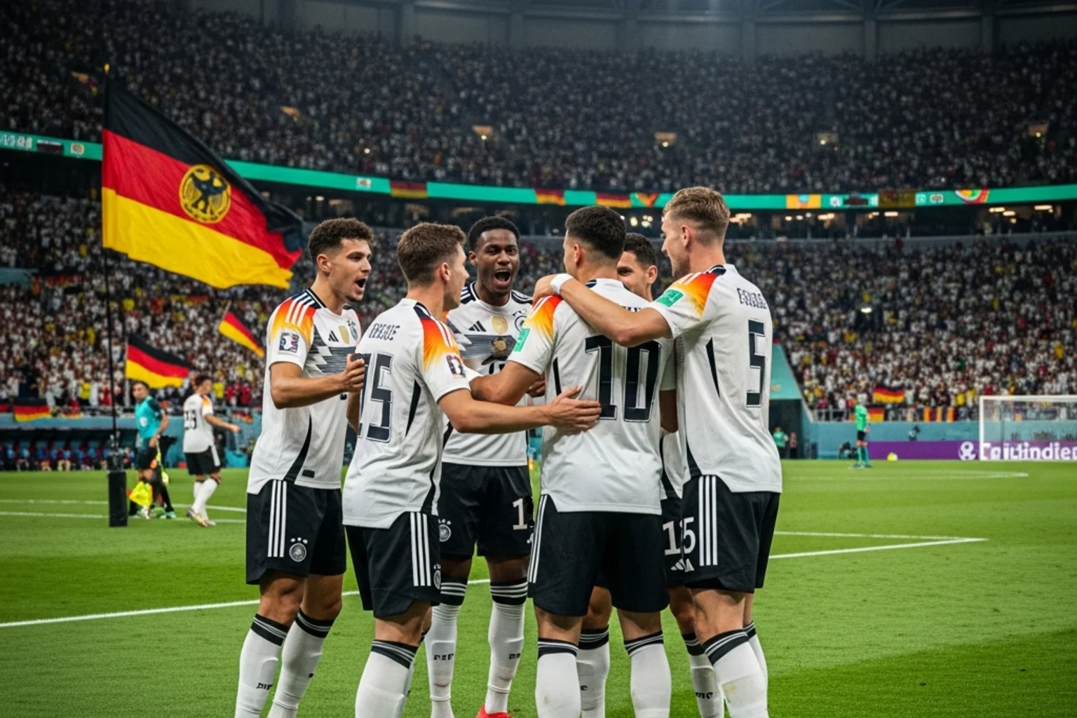 German national team players in white jerseys celebrating a goal