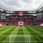 Canadian national team players celebrating at BMO Field with World Cup 2026 Group B opponents' flags displayed