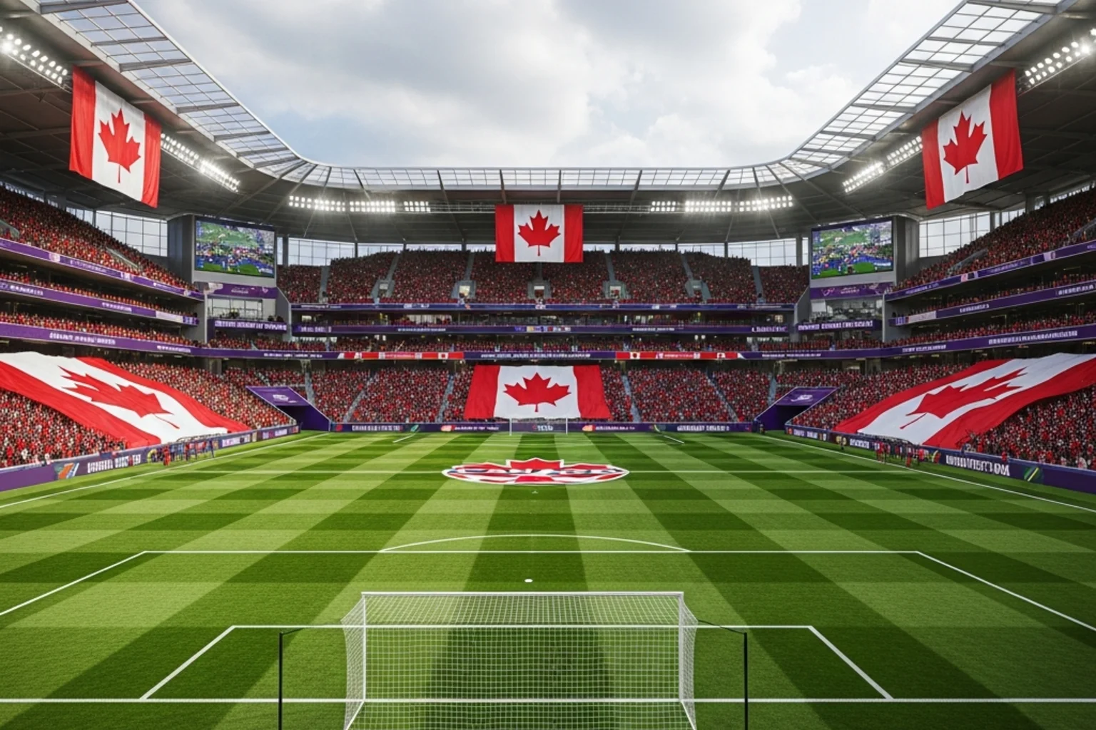 Canadian national team players celebrating at BMO Field with World Cup 2026 Group B opponents' flags displayed