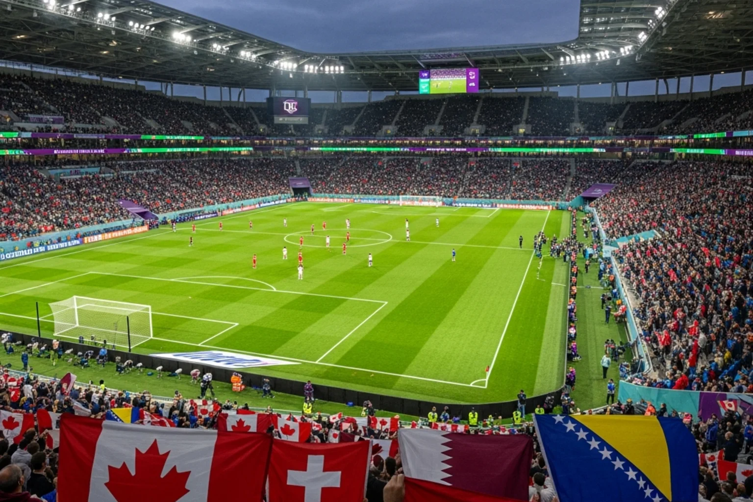 World Cup 2026 Group B featuring Canada, Switzerland, Qatar, and Bosnia and Herzegovina flags with tournament branding