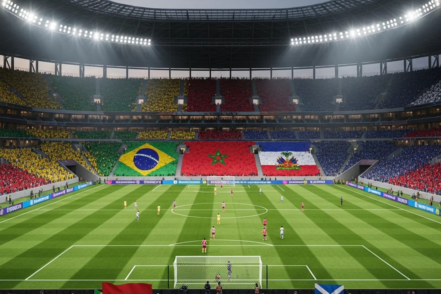 World Cup 2026 Group C featuring Brazil, Morocco, Haiti, and Scotland national team flags
