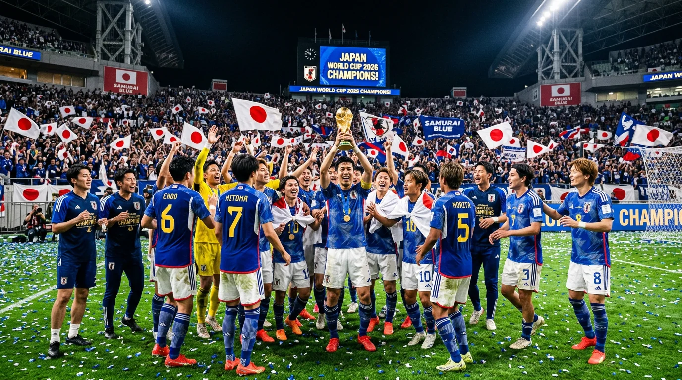 Japanese national team in blue jerseys celebrating World Cup victory