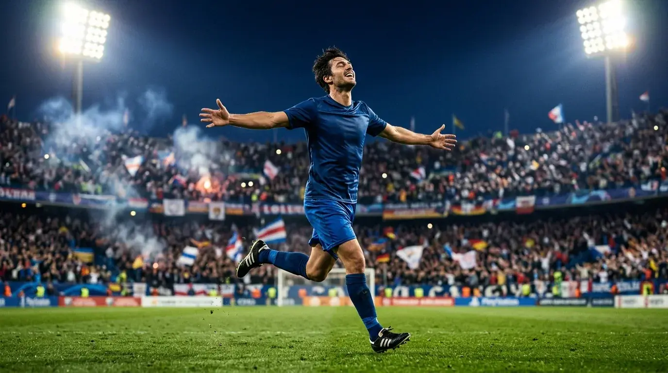 A lone soccer striker in a dark blue jersey wheeling away in celebration under floodlights in a packed night stadium, arms outstretched, motion blur on the crowd behind, cinematic sports photography