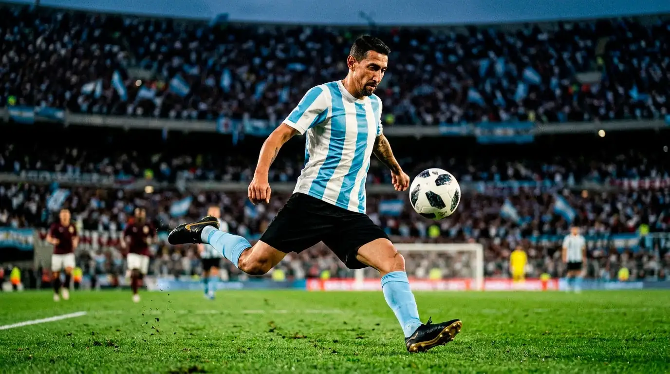 Lionel Messi in the Argentina jersey lining up a shot during a World Cup match, intense focus