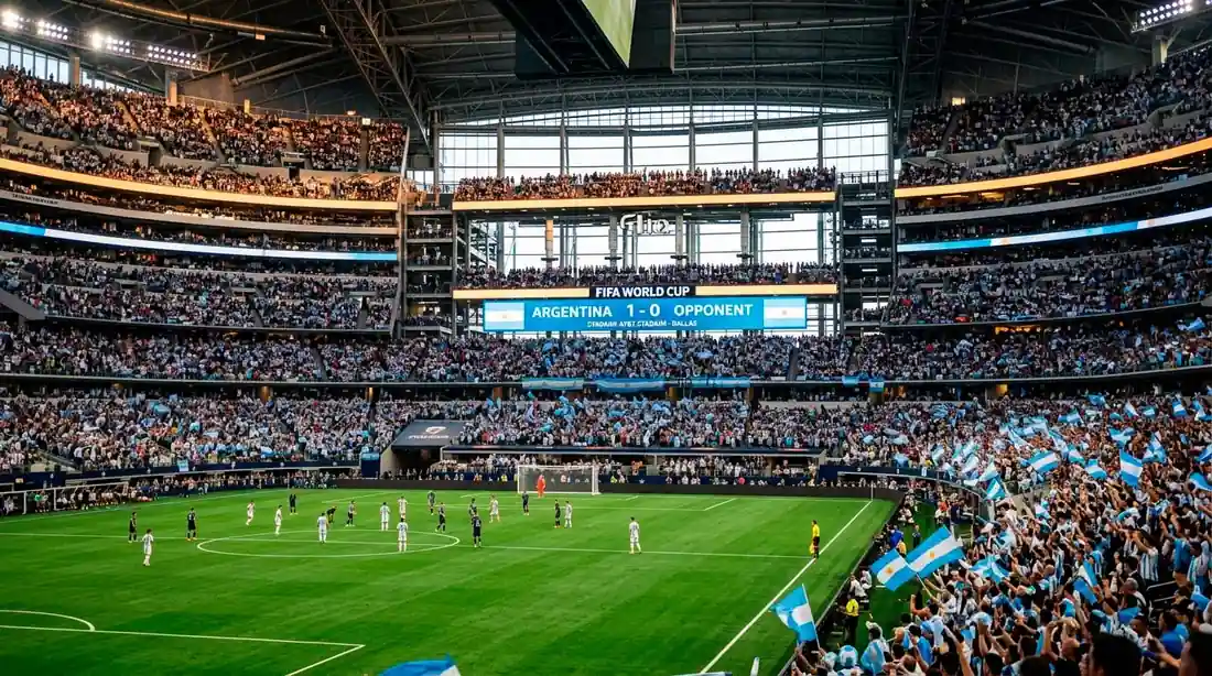 Stadium scoreboard and crowd atmosphere at a World Cup match with Argentina fans in blue and white