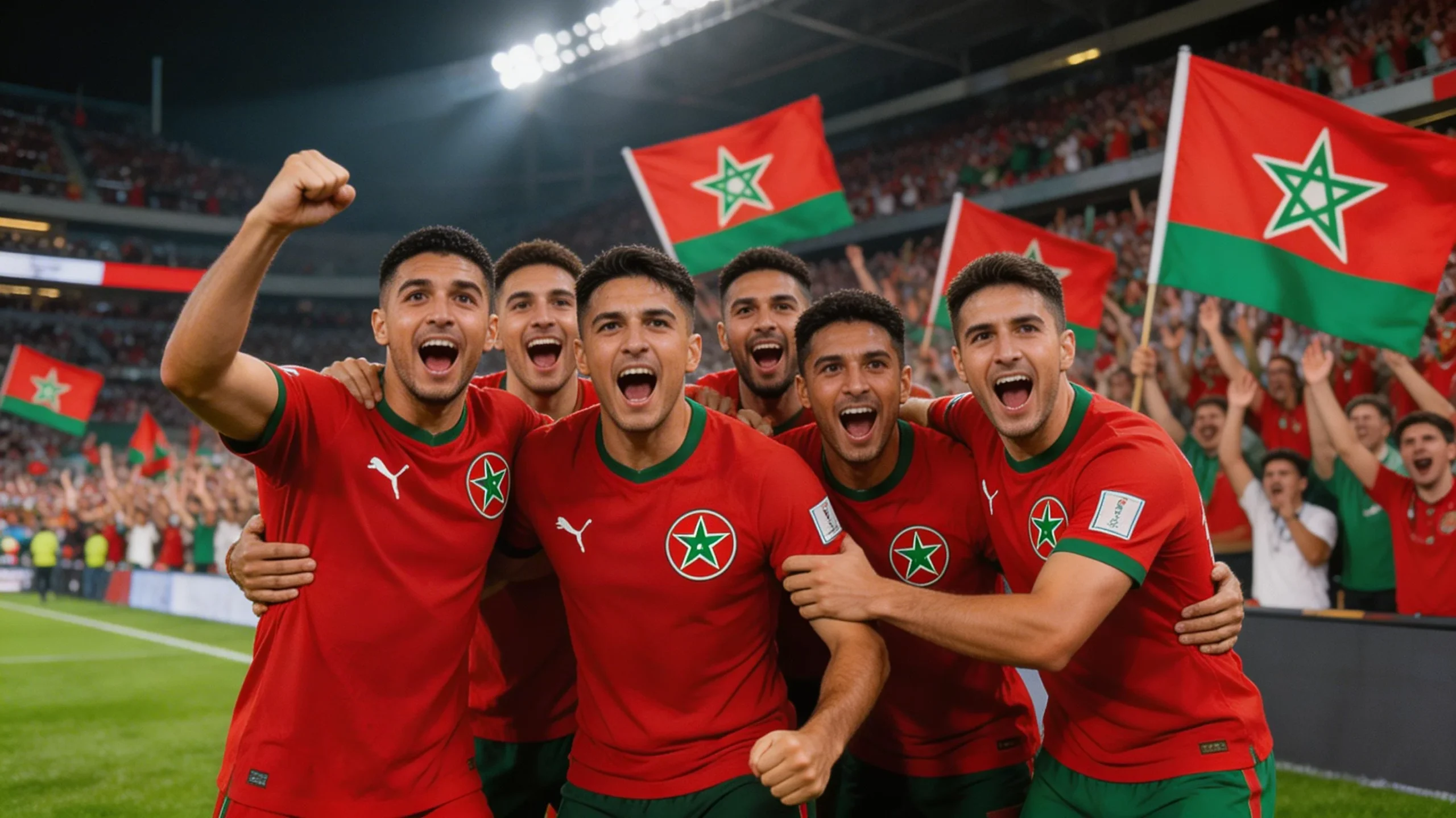 Moroccan national team in red jerseys celebrating historic World Cup run