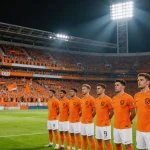 Dutch national team in orange jerseys preparing for kickoff