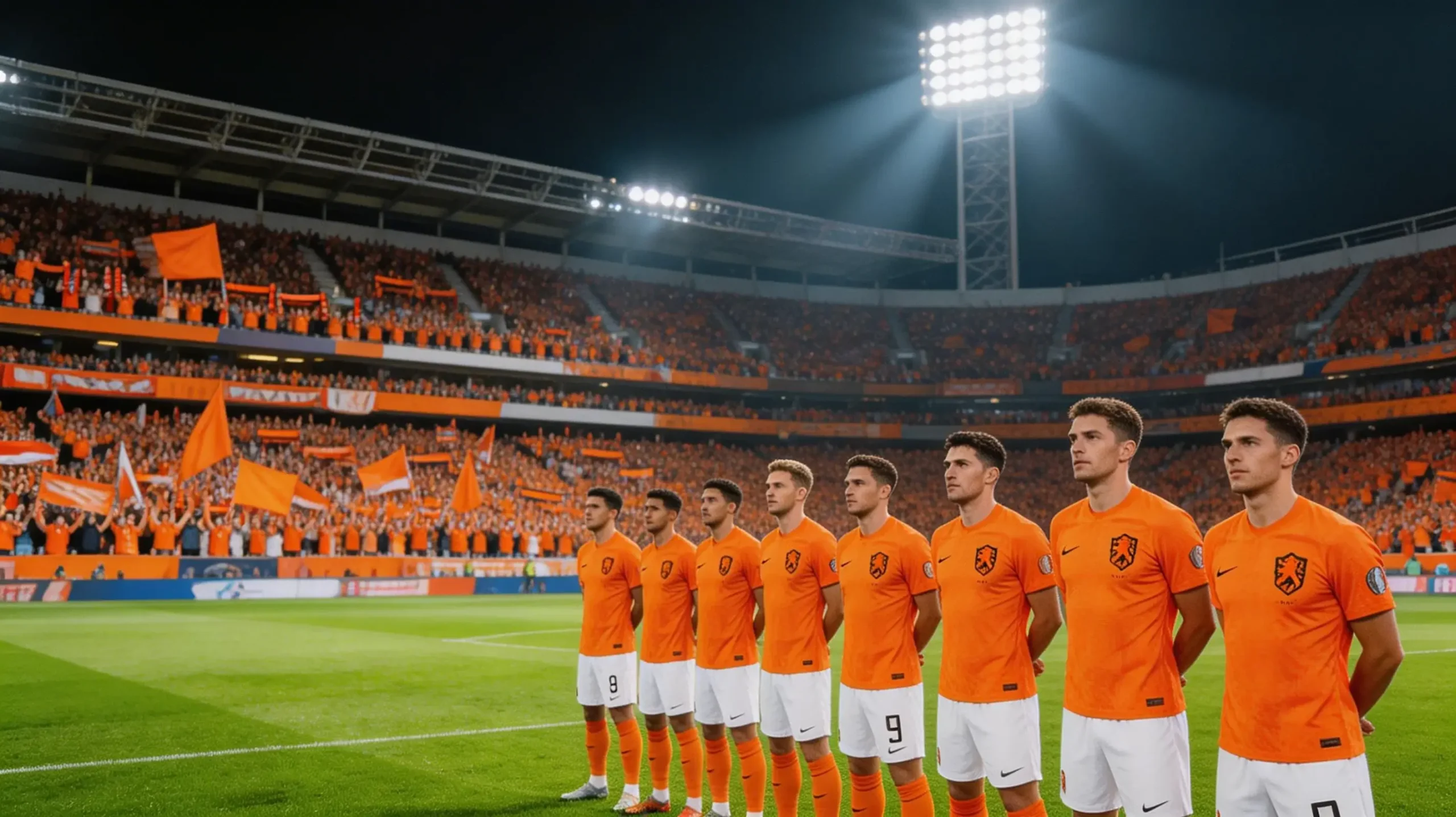 Dutch national team in orange jerseys preparing for kickoff