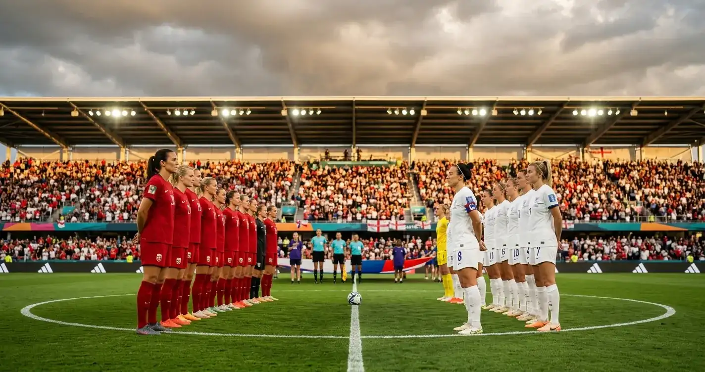 Two soccer teams facing off under bright stadium lights before a World Cup quarter-final, one side in Norway's red kit and the other in England's white kit, humid evening atmosphere with dramatic sky