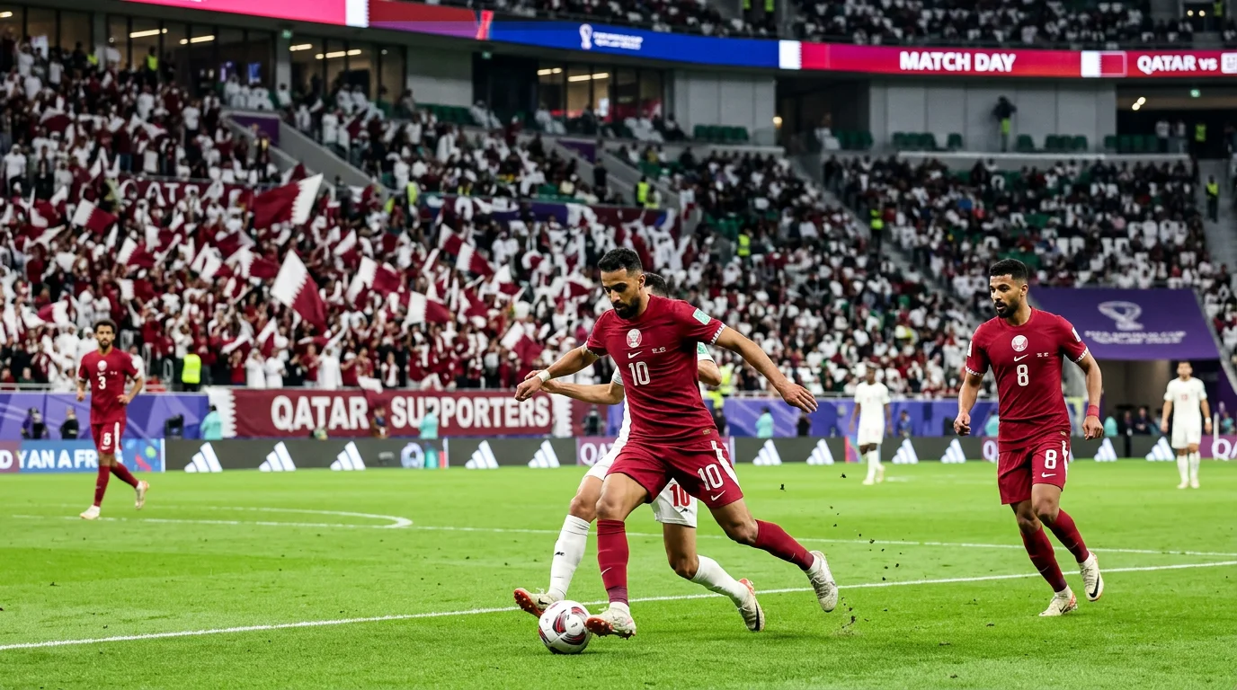 Qatar national team in maroon jerseys during international match