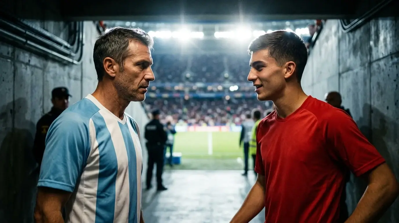 A veteran playmaker in a light blue and white jersey and a young winger in a red jersey pictured before a final, symbolising a clash of generations, dramatic stadium tunnel lighting