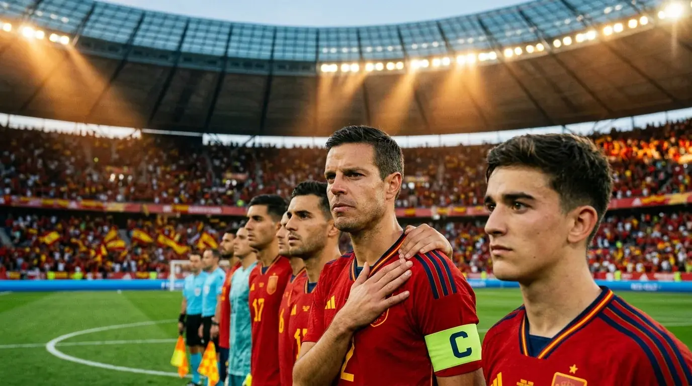Spanish national soccer team players in red jerseys preparing for kick-off under stadium floodlights, sense of focused concentration