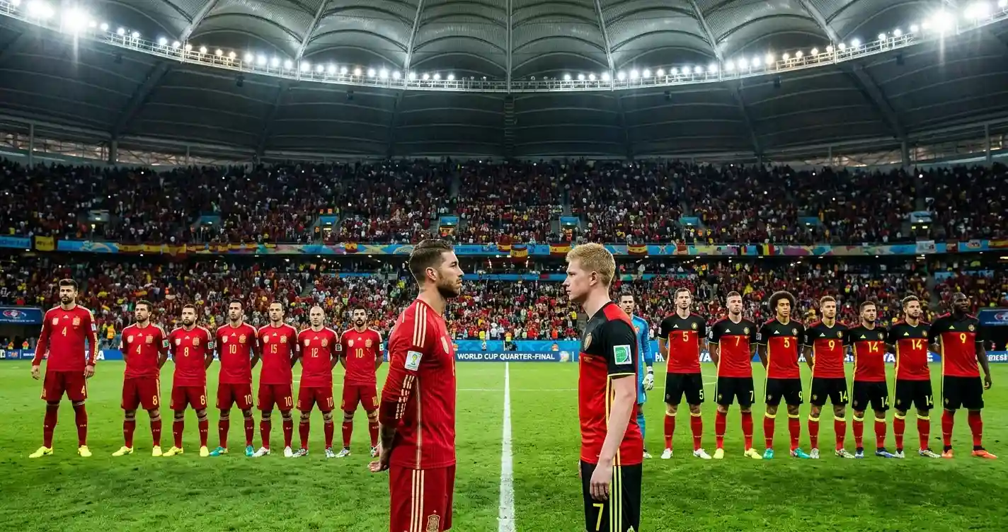 Two soccer teams in red kits facing off under bright indoor stadium lights before a World Cup quarter-final, one in Spain's red and the other in Belgium's red-and-black, tense pre-match atmosphere