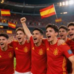 Spanish national team in red jerseys celebrating Euro 2024 victory