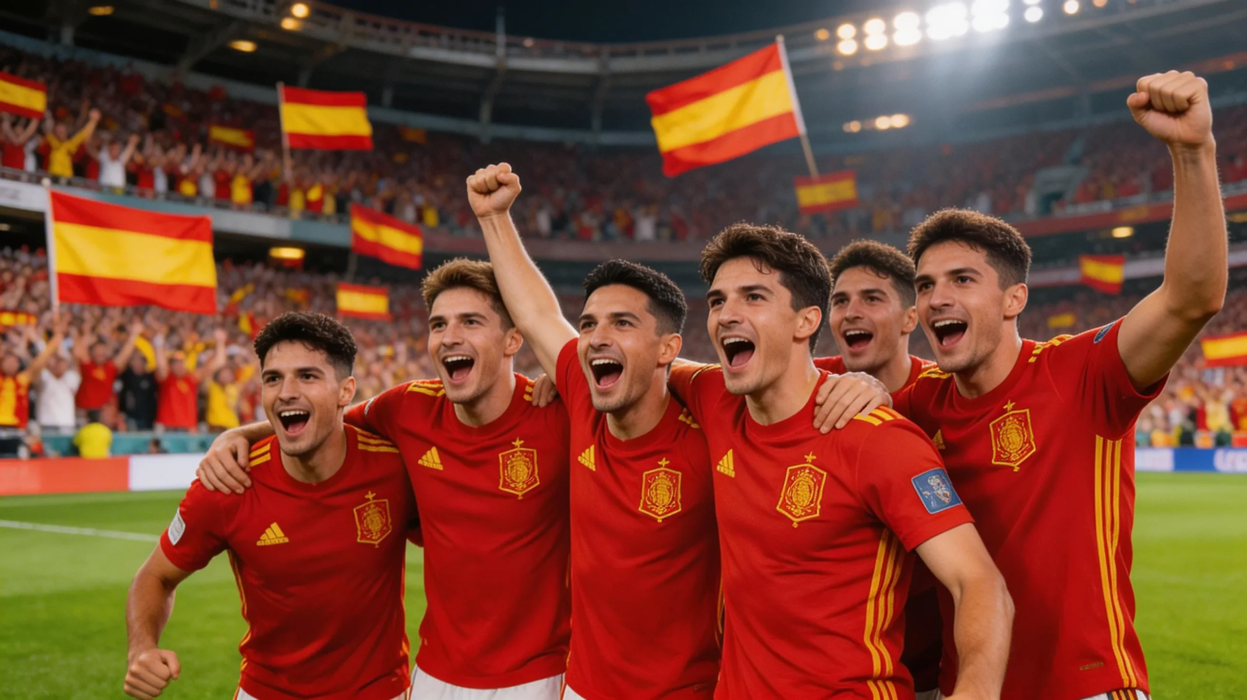 Spanish national team in red jerseys celebrating Euro 2024 victory