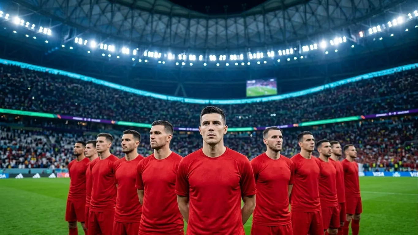 Switzerland national soccer players in red jerseys lining up under the roof at a modern Vancouver stadium before a night kick-off