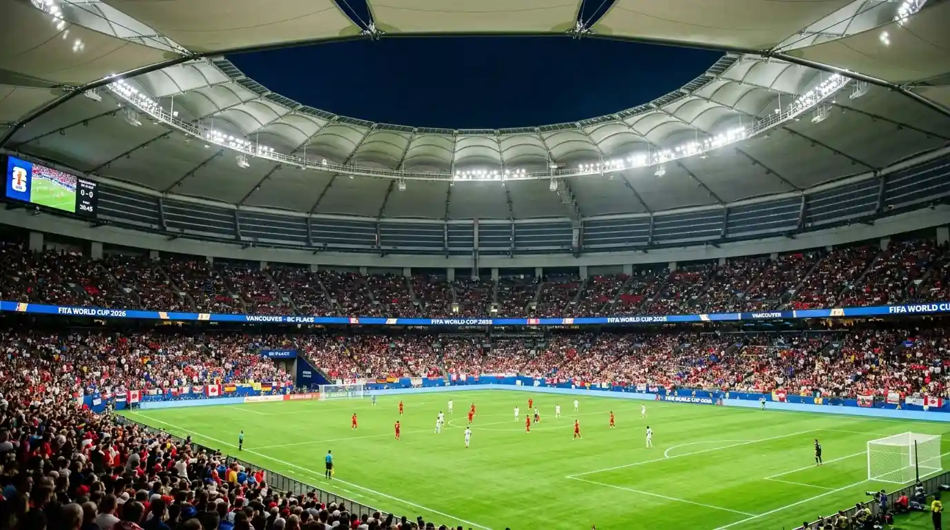 BC Place in Vancouver packed for a World Cup night match, retractable roof overhead and a sea of fans under bright floodlights