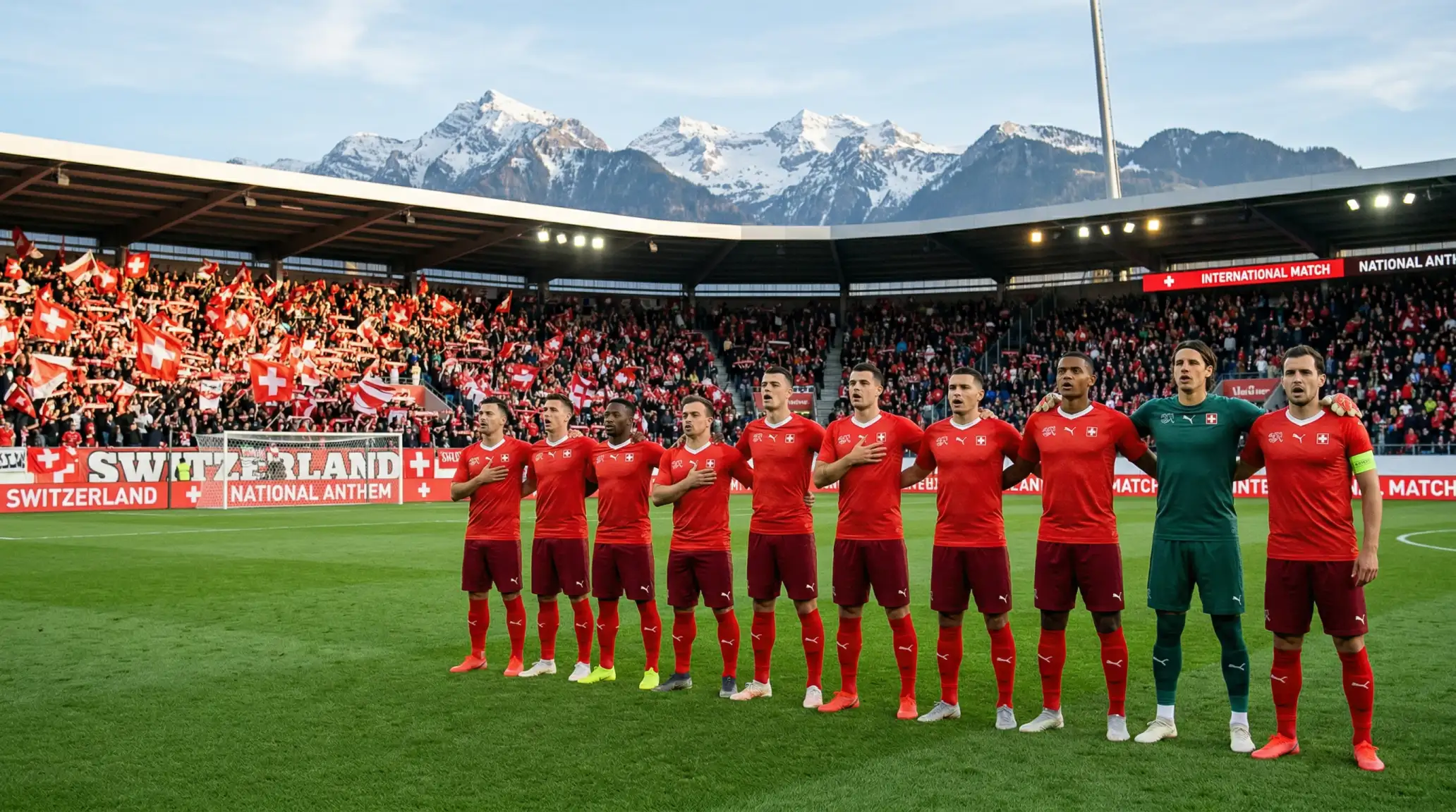 Swiss national team in red jerseys lined up before international match