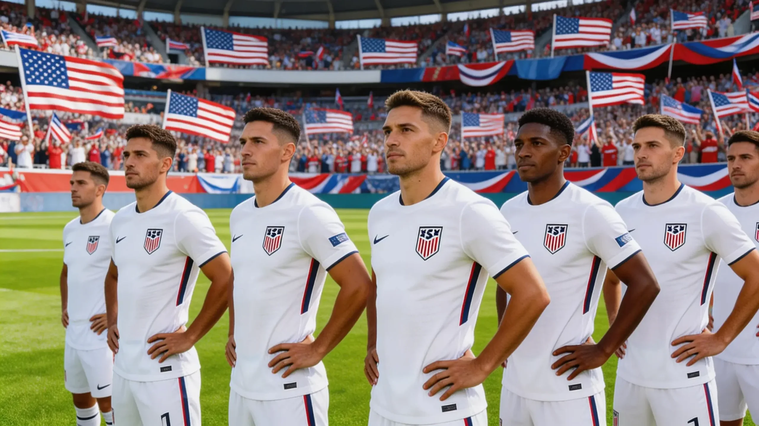 American soccer players in white jerseys with USA crest at home stadium