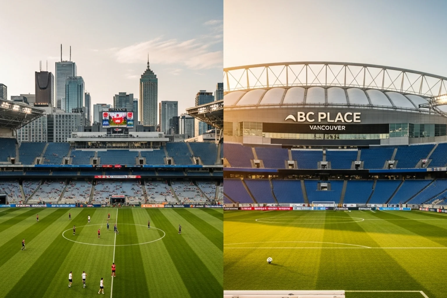 Split image of BMO Field Toronto and BC Place Vancouver as Canada World Cup 2026 host stadiums