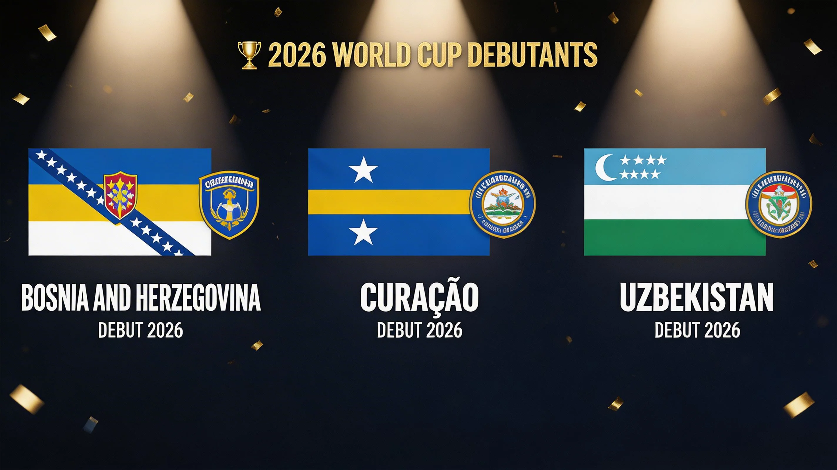 Flags and crests of nations making their World Cup debut in 2026