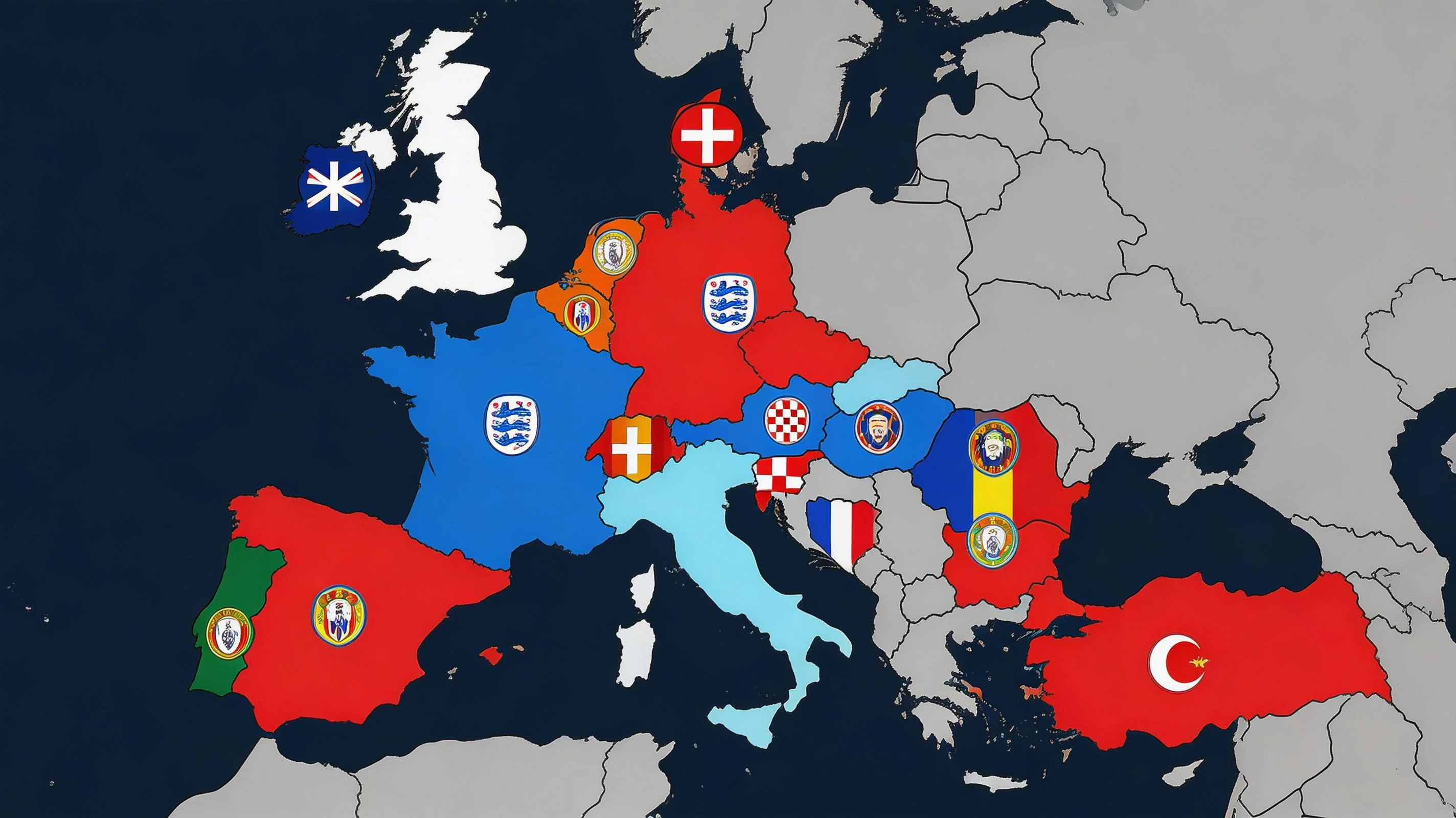 Map of Europe highlighting qualified nations for World Cup 2026 with team crests