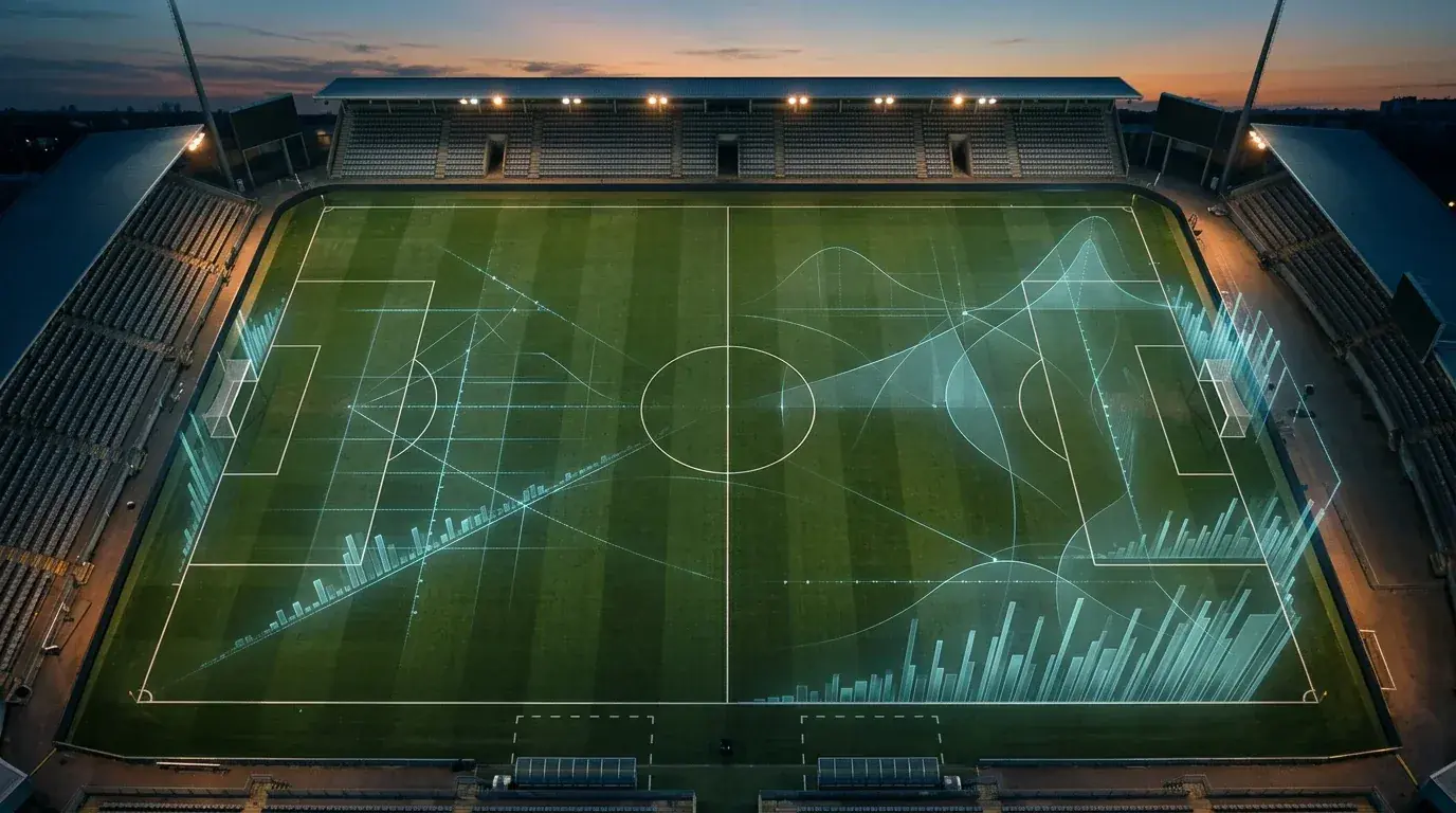 A soccer pitch viewed from above at dusk with a ball on the centre spot, overlaid with subtle glowing data lines and probability curves in cool blue tones, evoking betting analysis