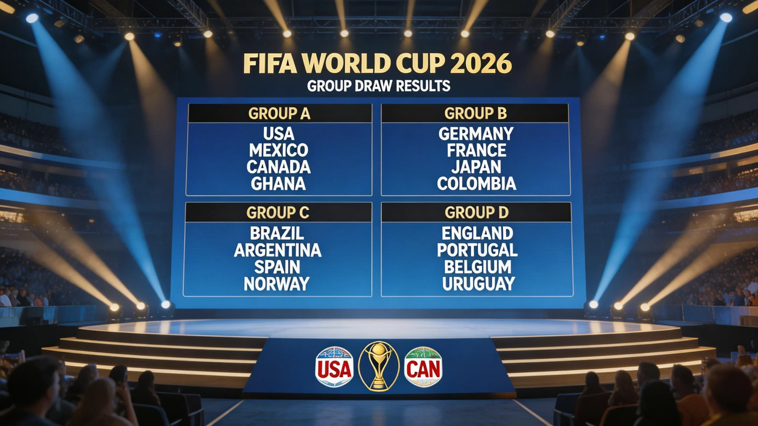 World Cup 2026 group stage draw showing all 48 teams divided into 12 groups across the tri-nation tournament