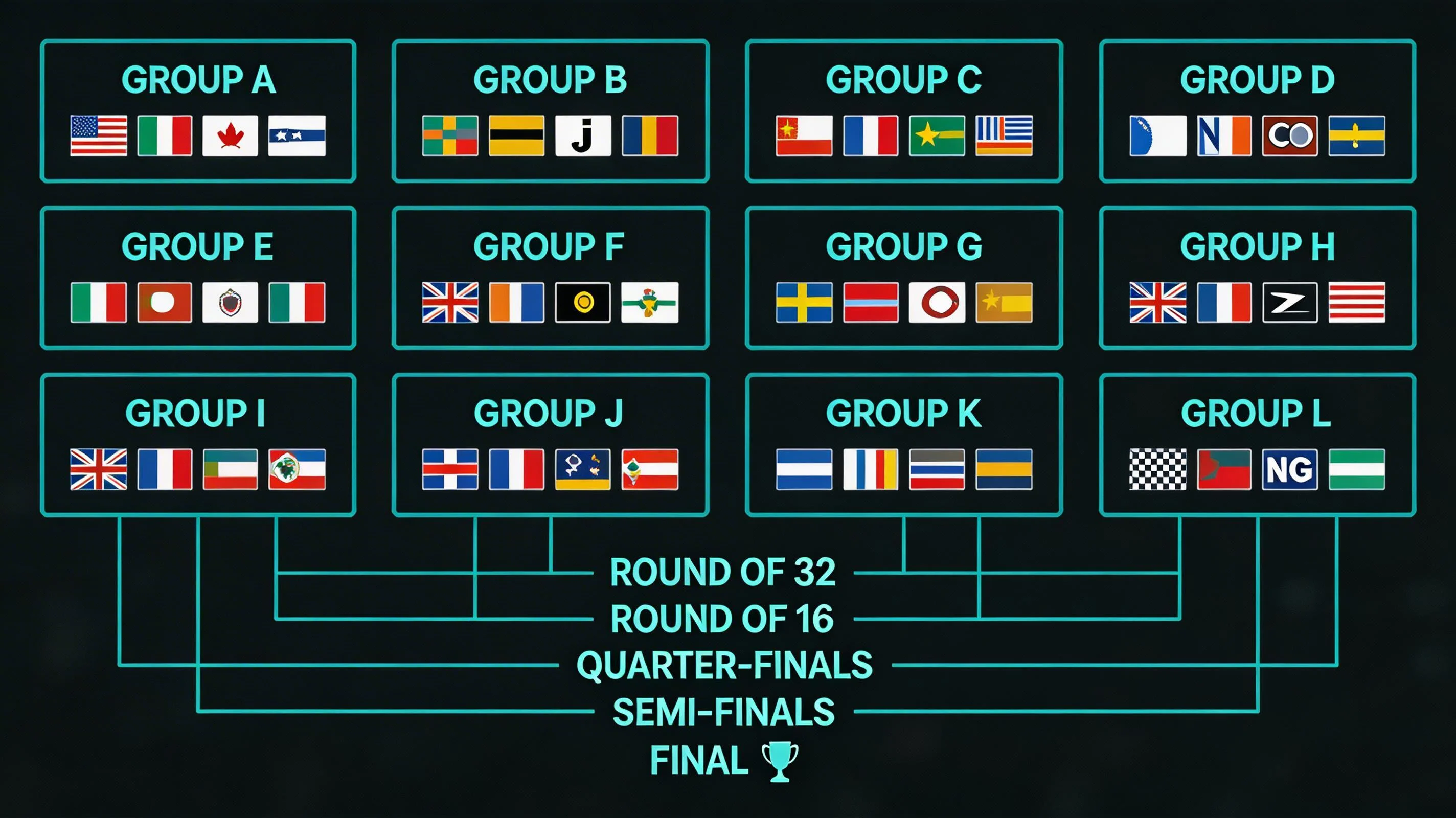 World Cup 2026 group stage bracket showing all 12 groups with team flags and betting odds
