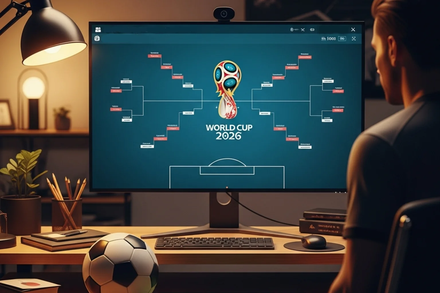 World Cup 2026 trophy with predictions analysis graphics overlaid on tournament bracket