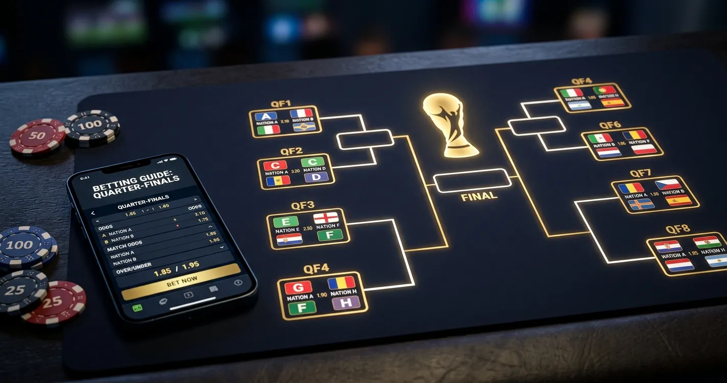 Editorial World Cup 2026 quarter-final graphic concept showing a knockout bracket of eight teams narrowing toward a trophy, with small generic national flags and decimal odds numbers on a dark background